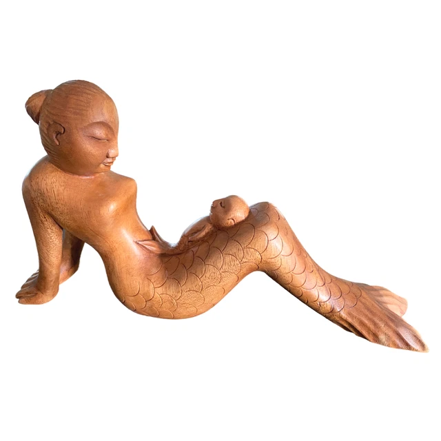 Mermaid Mother & Baby Sculpture Hand Carved wood Statue Handmade Balinese Art