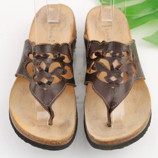 Think Women's Sandal Size 37 6 Thong Slide Brown Leather Perforated Flip Flop 2