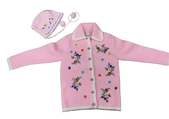 Vintage Children's Sweater Cardigan Cox Chinlan China Pink Embroidered Knit
