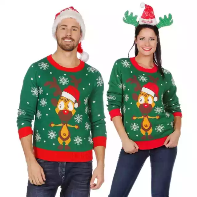 Weihnachts Pullover Rentier Ugly Christmas Sweater Pulli Weihnachten Grün S-XXL