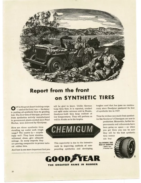 1943 Goodyear Tires Chemigum Synthetic Rubber WWII Jeep Vintage Print Ad