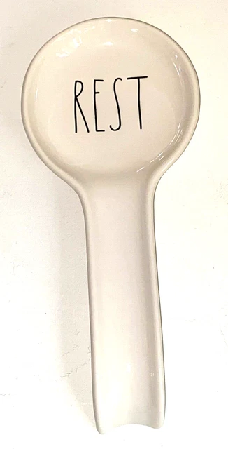 RAE DUNN ""REST"" Cuchara Grande Descanso 10""L 4.5""W Cerámica Blanca con Letras Negras