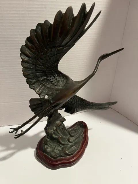 Bronze Crane In Flight Statue. Realistic/majestic. 15”x13”feet To Beak. 8”base.