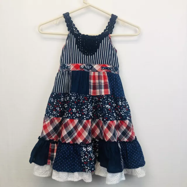 Cutey Couture Blue Red Patchwork Tiered Dress Girls Size 5-6 yrs Crochet Lace