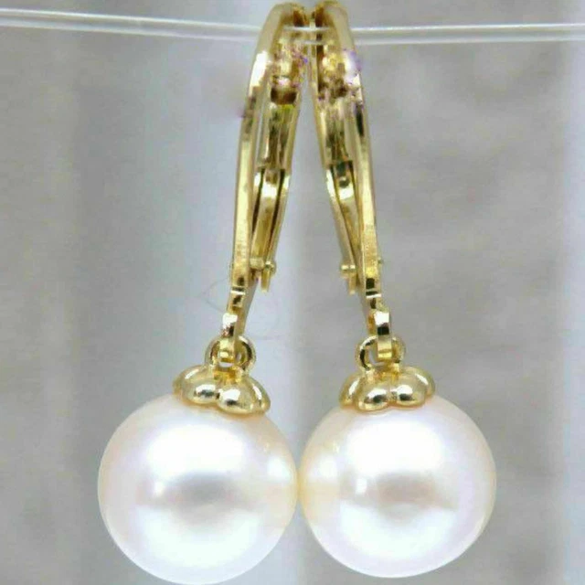 8-9mm Natural white round pearl 14k yellow gold earrings Ear stud Diy Lucky