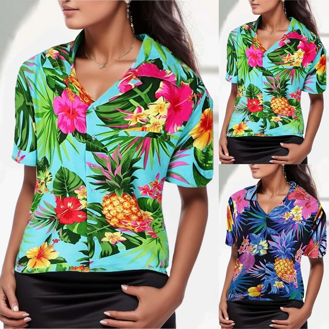Flowers Leaves Blouse Pineapple Funky Shirt Frontpocket Women'S Print Women