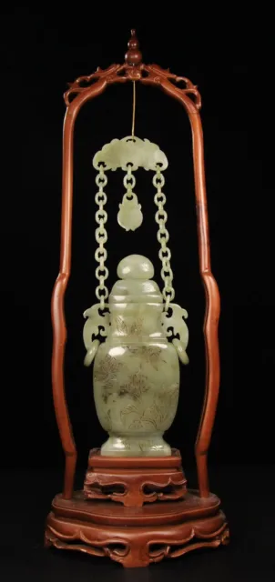 Chinese Exquisite Handmade Inlaid Hetian Jade Chain Bottle Flowers