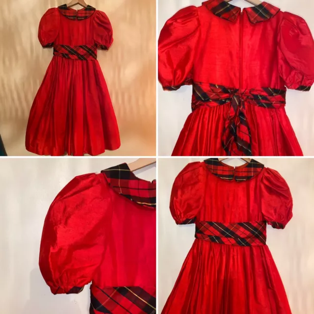 Judy Mott Größe M Alter 7-9 rot Seide Tartan maßgeschneidert Party Weihnachtskleid Mädchen