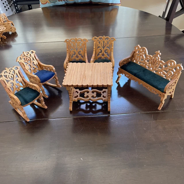 Miniature Wood Laser Carved Doll Victorian Furniture Chair Bench Table Lot