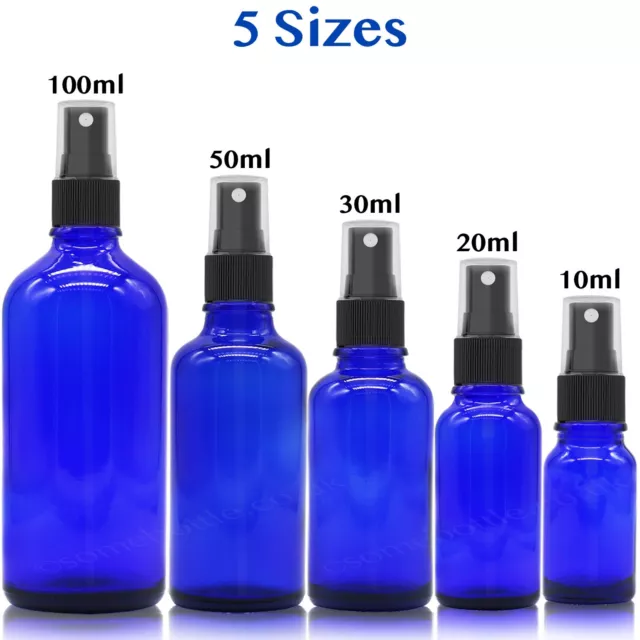 BLUE GLASS Spray Bottle Black ATOMISER Mist Sprayer Pump Liquid Oils Perfume