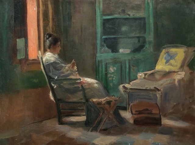 Dipinto antico, Donna in un interno, Olio su tela, Dipinto dei primi del '900