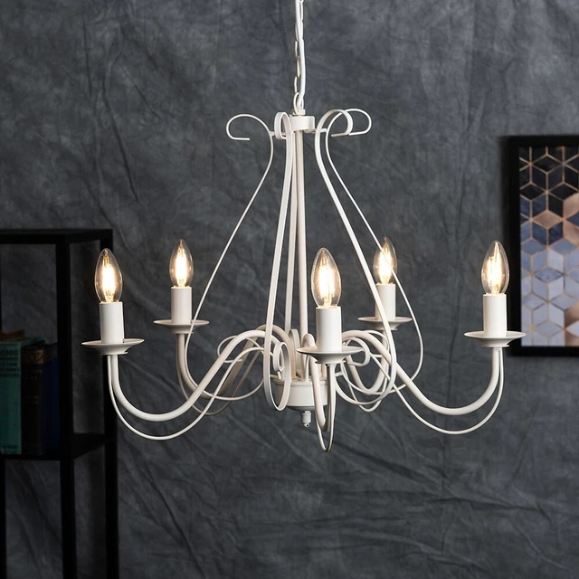Traditional 5 Way Chandelier Cream Metal Ceiling Light Lounge Lamp LED Bulbs