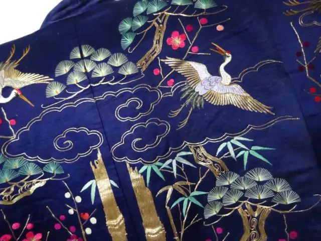 Japanese Kimono Uchikake Luxurious Wedding Embroidery Pure Silk Crane Navy K143 10