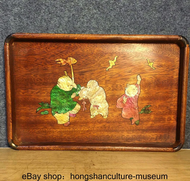 13.6 " China Huanghuali Wood Inlay Shell Carved Dynasty Tongzi Tray Plate