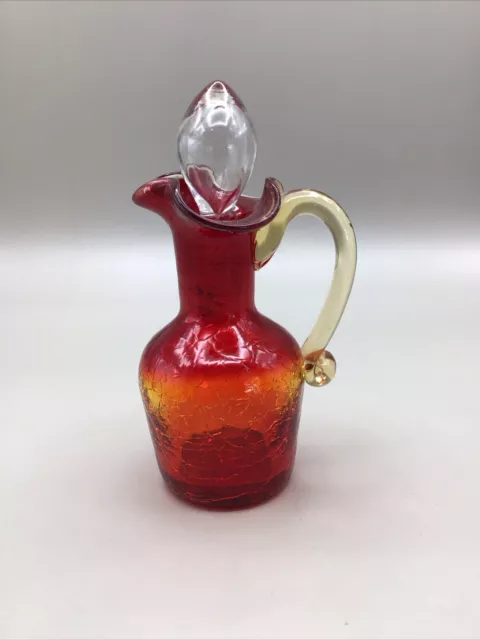 Vintage MGM Amberina Crackle Glass Hand Blown Mini Pitcher With Stopper. Mint!