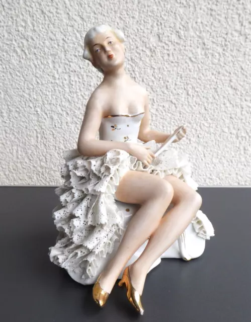 Porzellan Figur Gemarkt Tänzerin mit Fächer Tüll Rüschen 17 cm Porzellanfigur