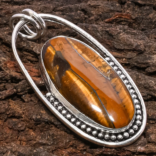 Tiger Eye Gemstone 925 Sterling Silver Jewelry Pendant 2.56"