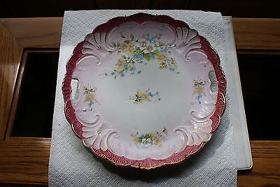 Old Vintage Antique 2 Open Side Handles Plate Ornate Flowers Pink Rim Decorative