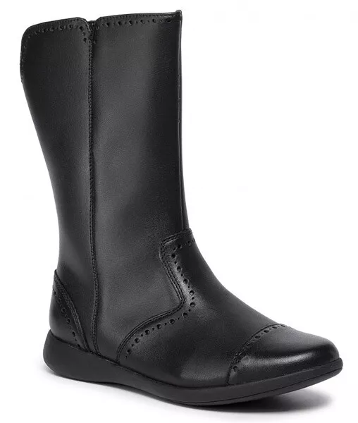 BNIB Clarks Girls ETCH STRIDE Black Leather Mid Calf School Boots