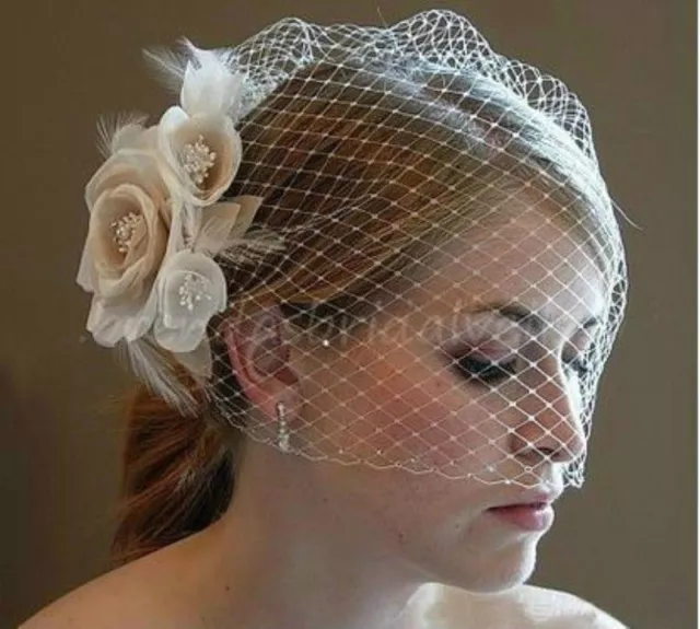 Women's Champagne Flower Fascinator Wedding Bridal Birdcage Face Veil Stock 1PCS