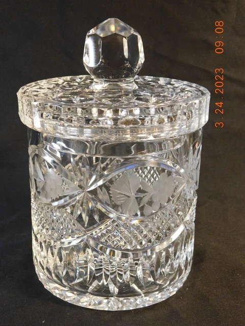 American Brilliant Finest Cut Glass Biscuit Jar with lid.