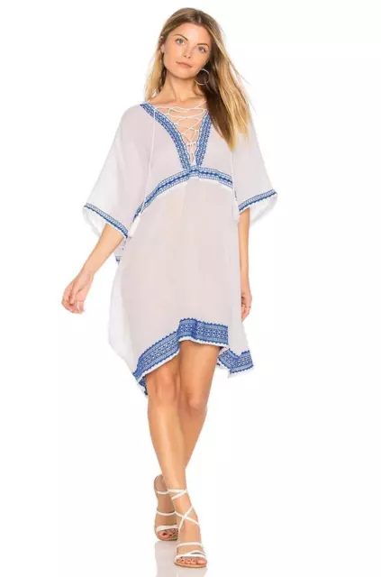 VITAMIN A Isabell Short Swim Cover Up Caftan White Blue Embroidery Size P/S