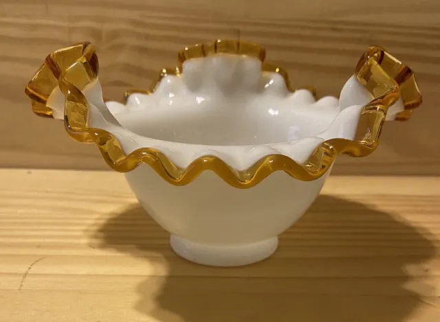 Fenton Milk Glass Gold Ruffled Trim Bowl