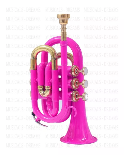 Pocket Trumpet Brass Made Pink Color Bb Pitch Tune With Hard Case & Mouthpiece