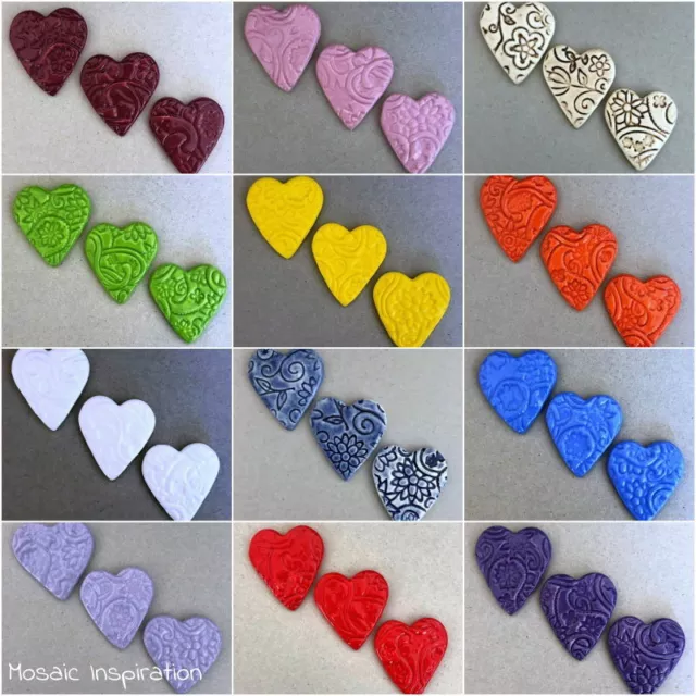 TEXTURED CERAMIC HEARTS x3 - 40x35mm ~ Mosaic Tile, Mosaic Inserts, Art, Craft