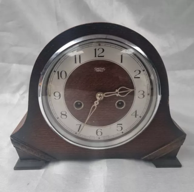 Vintage 1950s English Smiths Enfield Presentation Oak Cased Chiming Mantel Clock