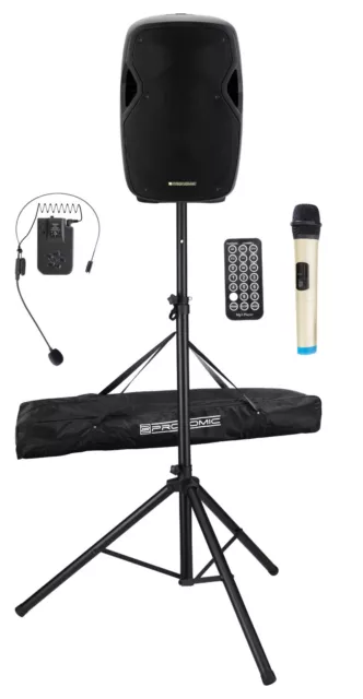 Mobile 15" Akku-Gesangsanlage mit 60 Watt, Stativ, Tasche und 2 Funk-Mikrofonen