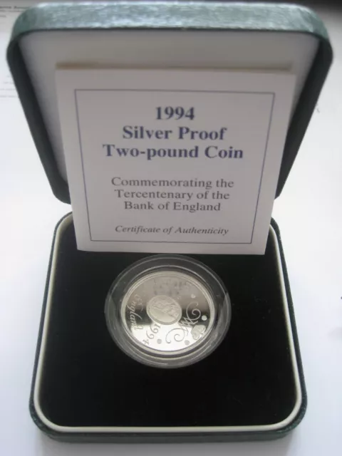 1994 Silver Proof UK £2 Coin - Bank of England Tercentenary -  Boxed with cert