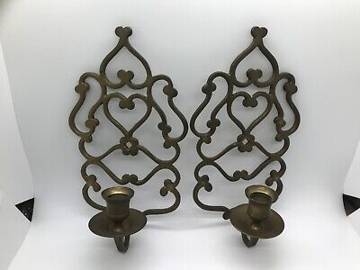 Pair of 2 Brass Gold Tone Swirl Scroll Wall Sconces Hanging Candle Holder