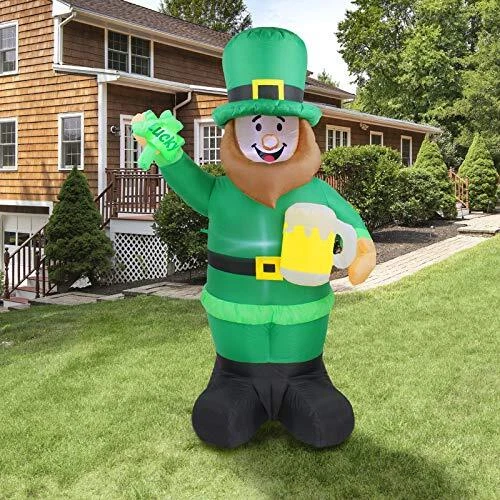 6 FT Lighted St Patricks Day Inflatable Leprechaun Holding Shamrock and Beer
