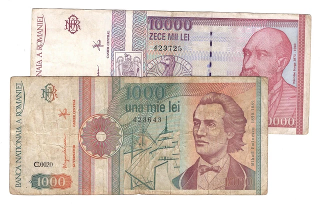 1991 And 1994 Romania 1,000 And 10,000 Lei Lot 2 Notes Vf #127-5