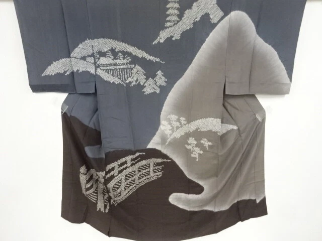 11182# Japanese Kimono / Antique Mens Juban / Shibori / Scenery Of Temple