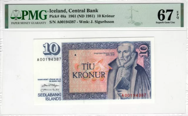 Iceland PMG Certified Banknote UNC 1961 (1981) 10 Kronur 67 EPQ Superb Gem 48a