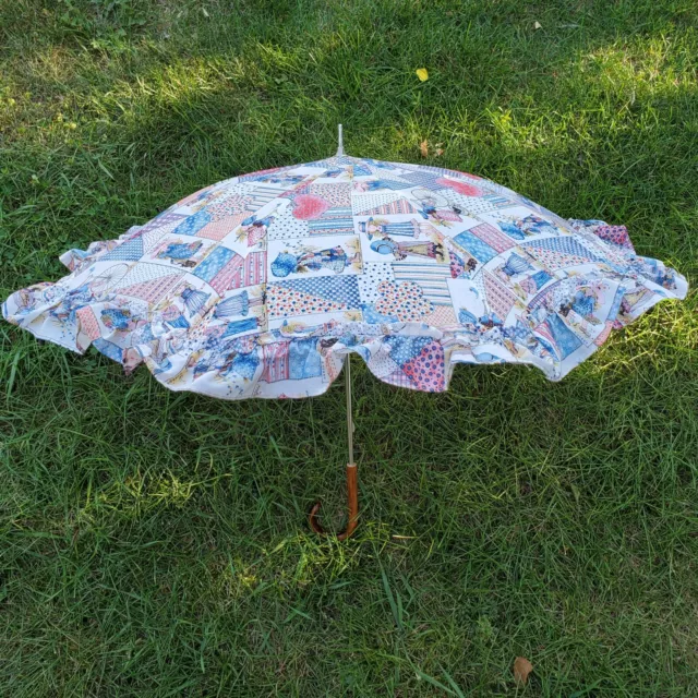 Vintage Holly Hobbie Parasol Umbrella Collectible Patchwork Ruffle Snap Tie 34"