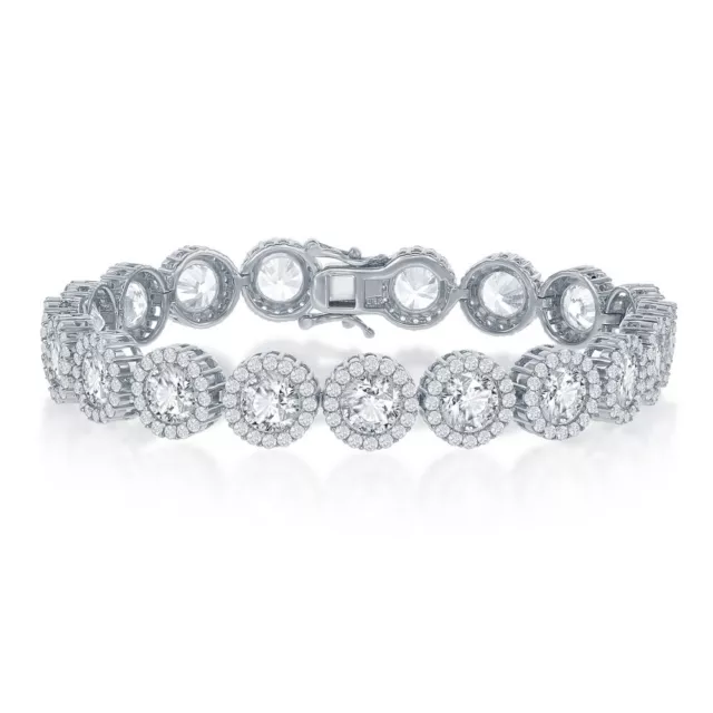 Sterling Silver Round Halo CZ Tennis Bracelet