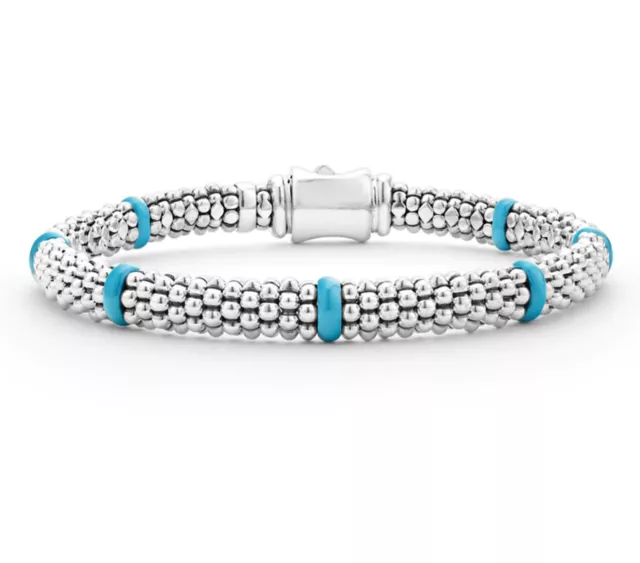 Lagos Caviar silver &Turquoise Blue Ceramic Station Bracelet Sterling Silver 6mm