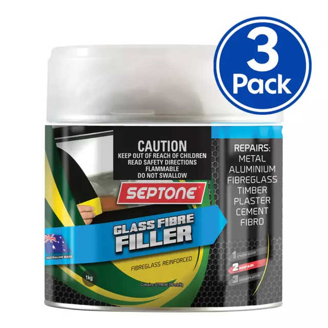 SEPTONE Glass Fibre Reinforced Polyester Filler Putty Bog with Hardener 1kg x 3