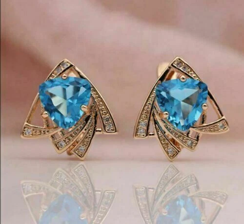 Trillion Cut 1.75Ct Aquamarine Simulated Vintage Earrings 14K Yellow Gold Finish