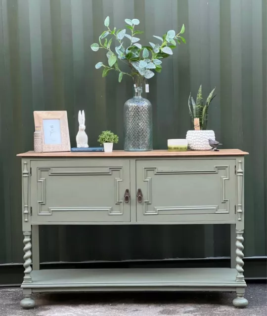 wooden top olive green painted farmhouse style sideboard with barley twist legs