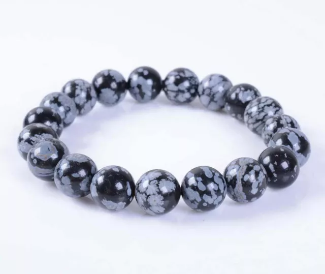 Natürlich 10mm Schneeflocken Obsidian Edelstein-Perlen Stretch Armband 7.5" AAA+
