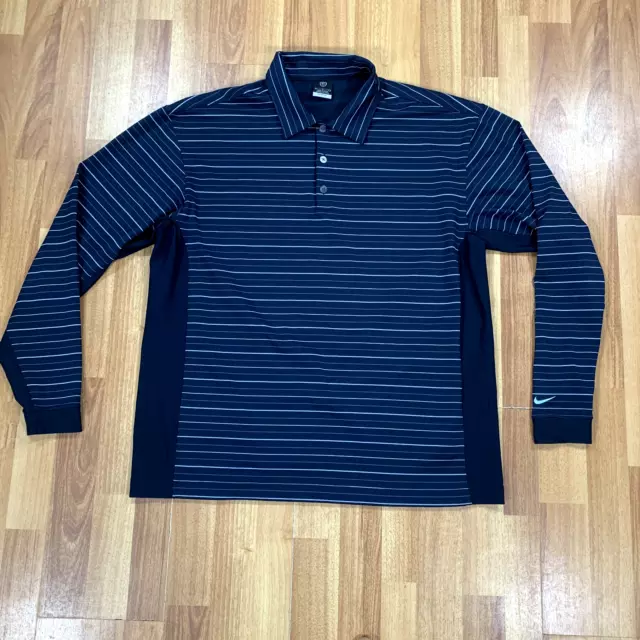 Nike Polo Sport Shirt Mens Large L Blue Stripes Golf Long Sleeve