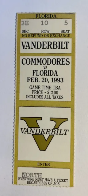 Vanderbilt vs Florida Gators 2/20/93 NCAA College Basketball Ticket Stub
