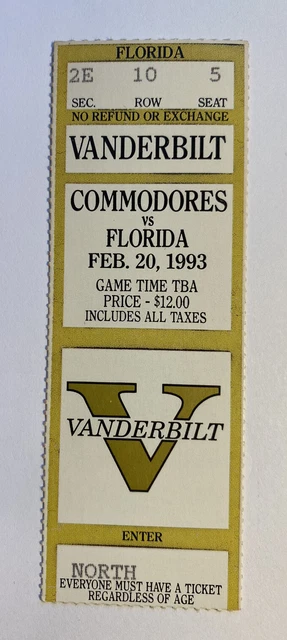Vanderbilt vs Florida Gators 2/20/93 NCAA College Basketball Ticket Stub