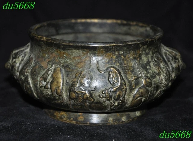 4"Marked old China bronze wealth beast head zodiac Incense burner Censer statue