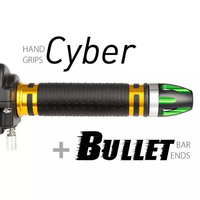 KiWAV Motorcycle Cyber Grips Gold with Bullet Bar Ends Green/Silver