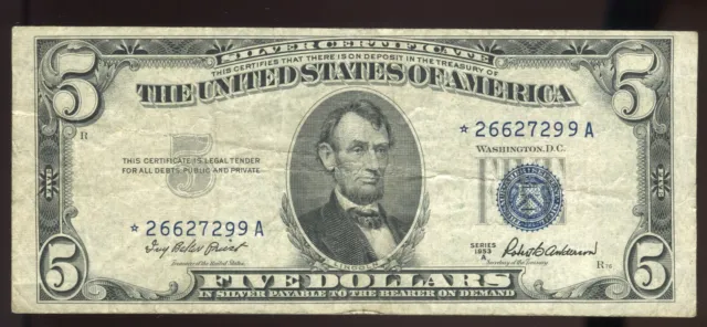 1953-A $5 Silver Certificate Rare Star | Very Fine+ | FR-1656* | Free Shipping
